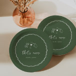 Handgeschriebenes Brautparty "That's Amore" Pappteller<br><div class="desc">Dieses wunderschöne, inspirierte Brautparty-Design besticht durch handgeschriebene, kursive Schriftzeichen, die mit einer weißen, in einem Olivenöl-grünen Hintergrund aufgesetzten, glitzernden Bändchengrenze versehen sind. Handgezeichnete Illustrationen von Krawatte-Pasta, Wein und einer sizilianischen Zitrone ergänzen das Design für einen Sommer Amalfi Küste Look. Diese eleganten mediterranen Brautparty-Papier-Teller zeichnen sich durch "das ist amore" in...</div>