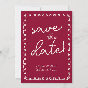 Handgeschriebenes Burgundy Retro Funky Modern Wedd Save The Date
