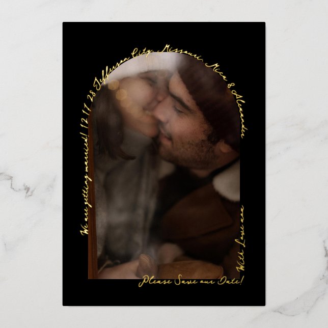 Handgeschriebenes elegantes Foto Schwarz und Real  Folieneinladung (Vorderseite)