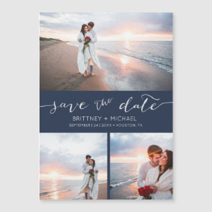 Handgeschriebenes Foto Collage Navy Blue Save the Magnetkarte