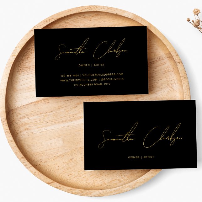 Handgeschriebenes Gold Script Minimalistisch Black Visitenkarte (Von Creator hochgeladen)