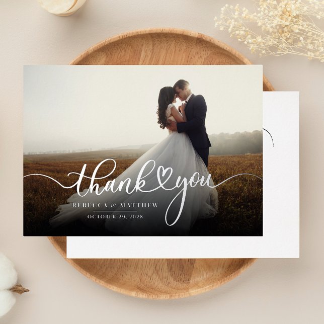 Handgeschriebenes Hochzeitstag Foto Danke Silver Folieneinladung (Wedding Photo Script Hand-Lettered Silver Foil Thank You Card)