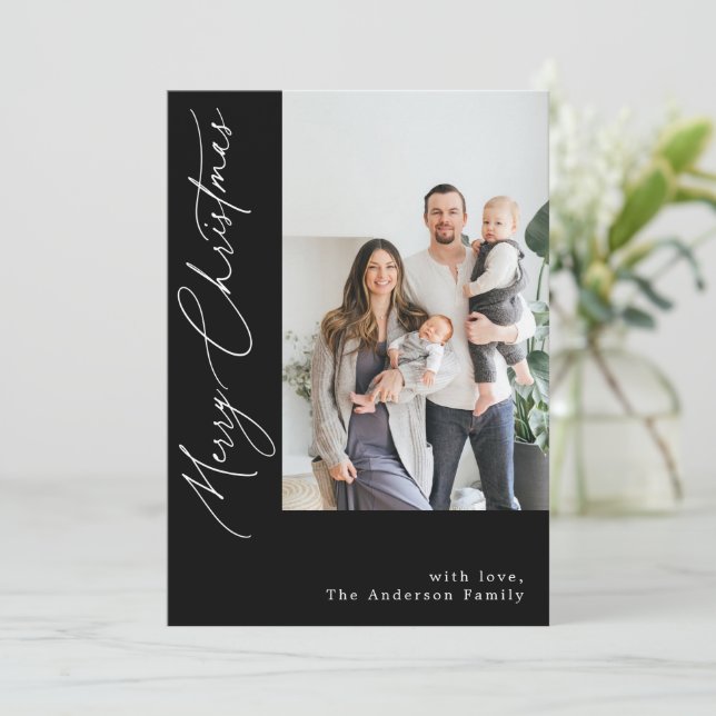 Handgeschriebenes Kalligrafie Black Christmas Foto Feiertagskarte (Stehend Vorderseite)