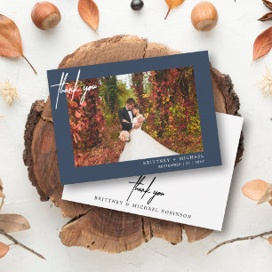 Handgeschriebenes modernes Foto Dusty Navy Blue Dankeskarte