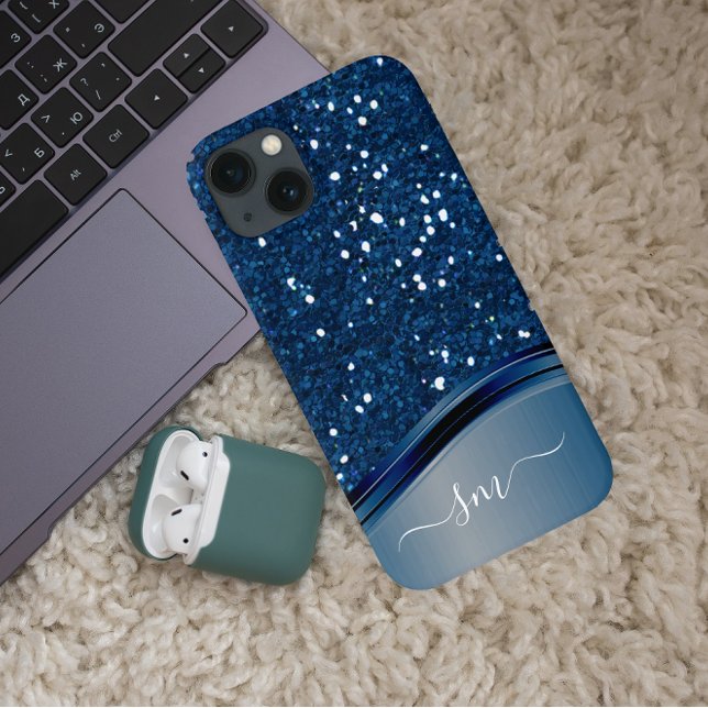 Handgeschriebenes Monogramm Navy Blau Metallglitte iPhone Hülle (Von Creator hochgeladen)