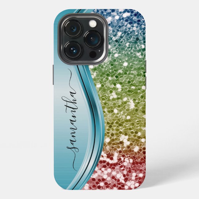 Handgeschriebenes Monogramm Regenbogen-Glitter  iPhone Hülle (Hinten)