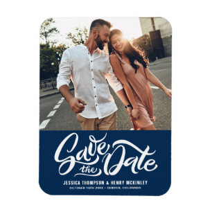 Handgeschriebenes Navy Blue Foto Save the Date Magnet