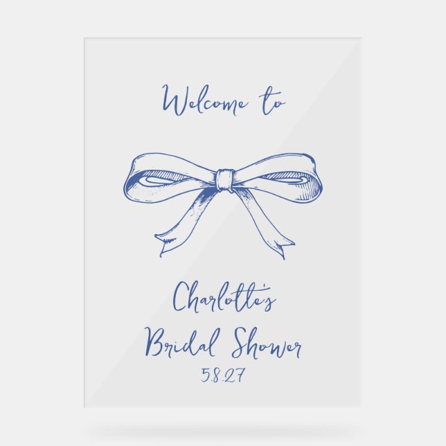 Handgeschriebenes Script Coquette Bow Blue Brautpa Acrylschild (Vorderseite)