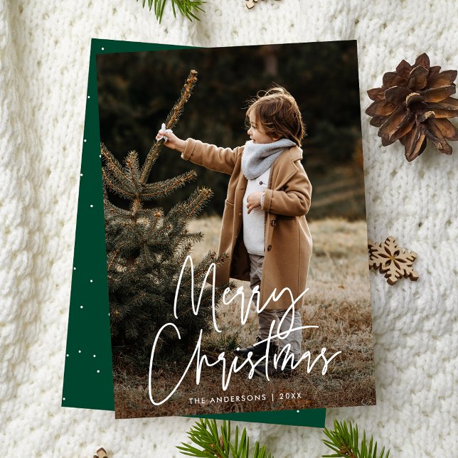 Handgeschriebenes Script Green Frohe Weihnachts-Fo Feiertagskarte (Von Creator hochgeladen)
