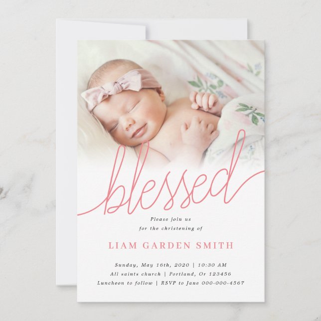 Handgeschriebenes Script Rosa Christening Taufe Fo Einladung (Vorderseite)