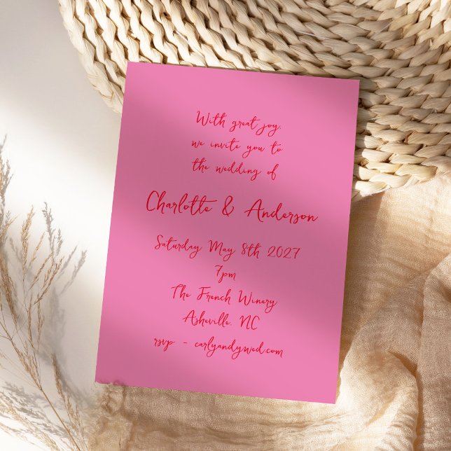 Handgeschriebenes Script Whimsy Pink Red Wedding Einladung (Von Creator hochgeladen)