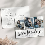 Handgeschriebenes Skript Drei Foto Save the Date Ankündigungspostkarte<br><div class="desc">Eine moderne Collage aus Foto Save the Date Postcard, die für drei Ihrer Lieblings-Verlobung-Fotos nebeneinander ausgelegt ist. "Save the Date" erscheint unter Ihren Fotos in handgeschriebenen Schriftzeichen mit Ihren Namen, Hochzeitstermin und Hochzeitsort unten. Postkarten werden zurückgesetzt, um zusätzliche Save the Date Details, einschließlich Ihrer Hochzeitswebsite, mit Ihrer Rücksendeadresse und Platz...</div>
