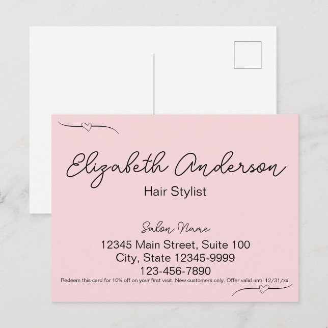 Handgeschriebenes Skript für Hair Stylist Pink & B Postkarte (Vorne/Hinten)