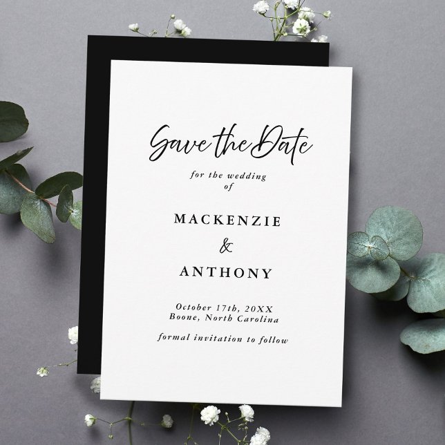 Handgeschriebenes Skript Modern Black & White Save The Date (Handwritten Script Modern Black & White Save The Date)