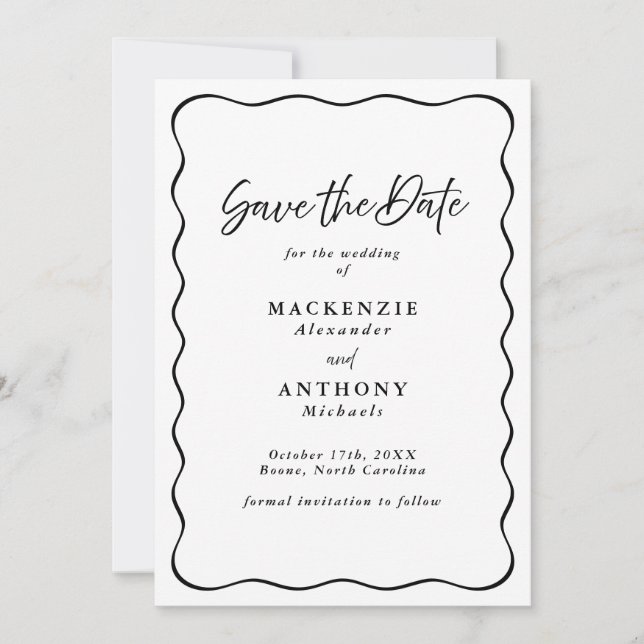 Handgeschriebenes Skript Modernes Wavy Frame Black Save The Date (Vorderseite)