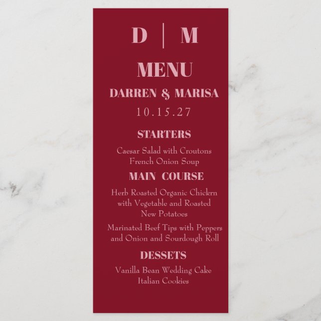 Handgeschriebenes Skript Rosa und Rote Hochzeit Menükarte (Vorderseite)