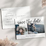 Handgeschriebenes Skript Zwei Foto Save the Date Ankündigungspostkarte<br><div class="desc">Eine moderne, Save the Date Postkarte, die für zwei Ihrer Lieblings-Verlobung-Fotos konzipiert wurde. "Save the Date" erscheint über Ihren Fotos in handgeschriebenen, schwarzen Schriftzeichen, mit Ihren Namen, Hochzeitstag und Hochzeitsort unter Postkarten rückwärts, um zusätzliche Save the Date Details zu zeigen, einschließlich Ihrer Hochzeitswebsite, mit Ihrer Rücksendeadresse und Platz für die...</div>