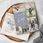Handgeschriebenes, taufendes blaues Collage Save t Ankündigungspostkarte<br><div class="desc">Nehmen Sie Ihre 5 besten Bilder aus Ihrer Verlobung Foto Session mit 4 für die Vorderseite und eins für die Rückseite. Es zeichnet sich durch ein handgeschriebenes Design aus,  das Save the Date sagt.</div>