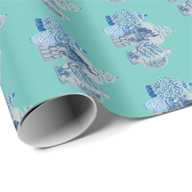 Handgestrichene Blau- und Weiße Ingwerge Geschenkpapier (Rolleneckpunkt)