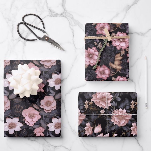 HandGezeichnet 3D-Blume-Muster in Rosa und Gold Geschenkpapier Set (Vorderseite)