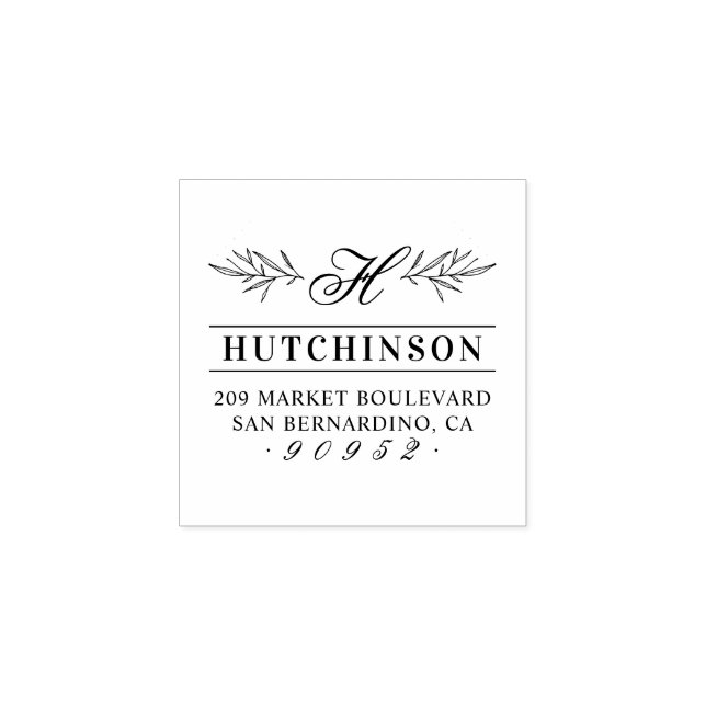 Handgezeichnet Blätter Monogram Family Rücksendead Gummistempel (Prägung)