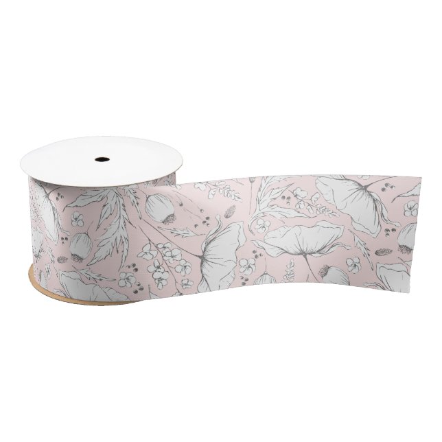 Handgezeichnet Bleistift-Wildblumen Elegant Rosa Satinband (Spule)