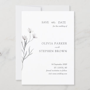 Handgezeichnet Blume. Einfache moderne weiße Hochz Save The Date