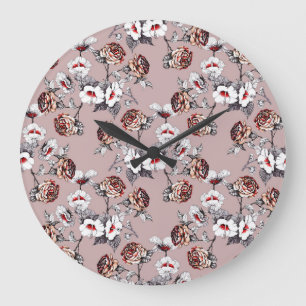 Handgezeichnet Blume, rosa Wasserfarbenmuster. Große Wanduhr