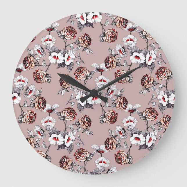 Handgezeichnet Blume, rosa Wasserfarbenmuster. Große Wanduhr (Vorderseite)