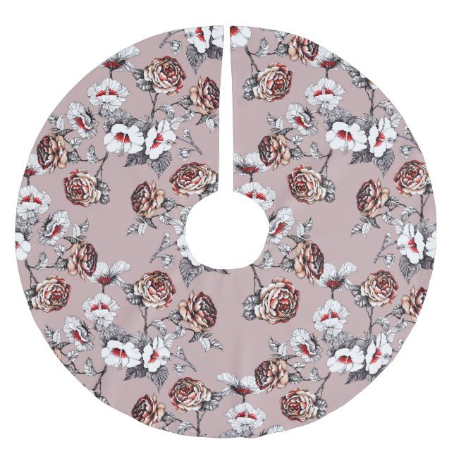 Handgezeichnet Blume, rosa Wasserfarbenmuster. Polyester Weihnachtsbaumdecke (Vorderseite)