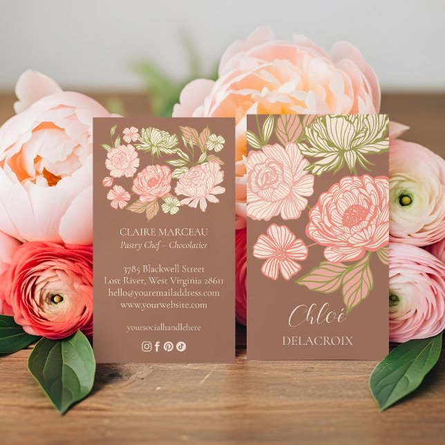 HandGezeichnet Blumen & Blätter Eleganter Stil Visitenkarte (Hand-Drawn Floral & Foliage Elegant Line Art Style Business Card)