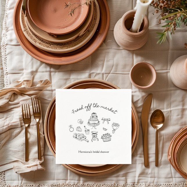 Handgezeichnet Brautparty frisch vom Markt Serviette (fresh off the market bridal shower napkin)