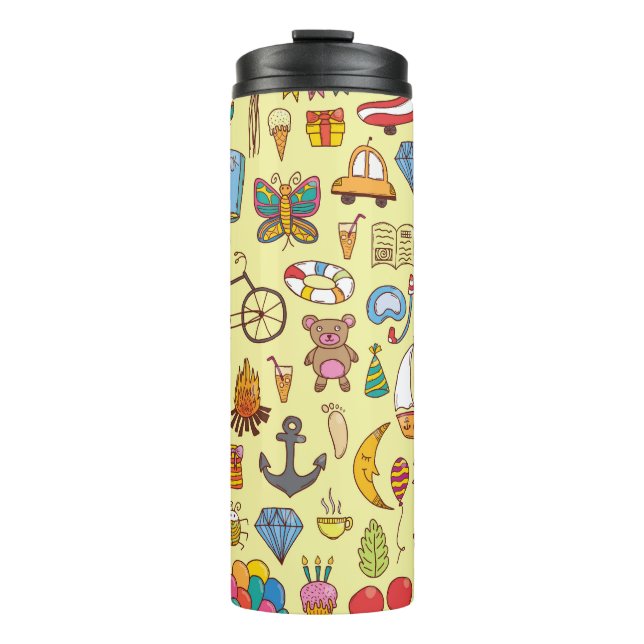 Handgezeichnet Doodle-Kinder: Vintages Muster. Thermosbecher (Vorderseite)