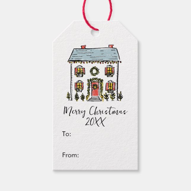 HandGezeichnet Doodles Festive Zuhause Frohe Weihn Geschenkanhänger (Vorderseite)