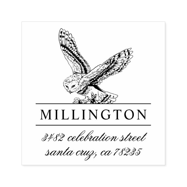 Handgezeichnet Eule | Familienname und Rücksendead Gummistempel (Prägung)