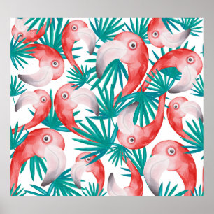 Handgezeichnet Flamingo: wasserfarbenes nahtloses  Poster