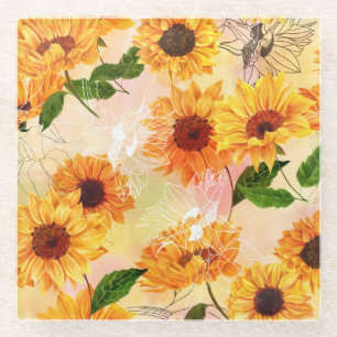 HandGezeichnet Gelbe Sonnenblumen Wasserfarben Mus Glasuntersetzer