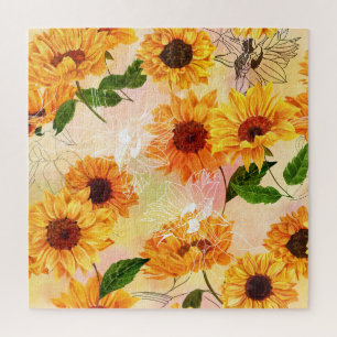 HandGezeichnet Gelbe Sonnenblumen Wasserfarben Mus Puzzle