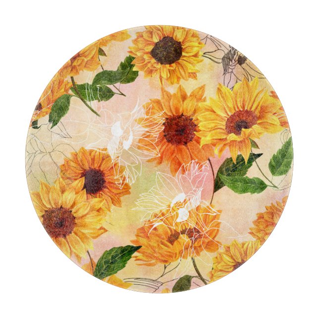 HandGezeichnet Gelbe Sonnenblumen Wasserfarben Mus Schneidebrett (Vorderseite)
