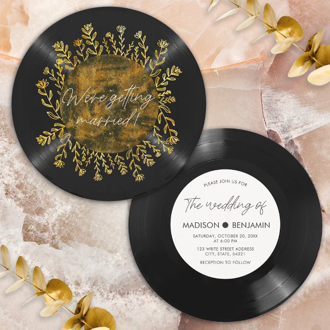 Handgezeichnet Gold-Wildblume Vinyl Lp Record Wedd Einladung (Front/Back)