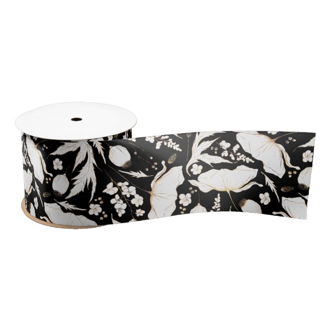 Handgezeichnet Gold-Wildblumen Elegant Black Satinband (Spule)