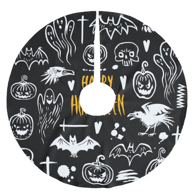 Handgezeichnet Halloween-Symbole, Vintage Sammlung Polyester Weihnachtsbaumdecke (Vorderseite)