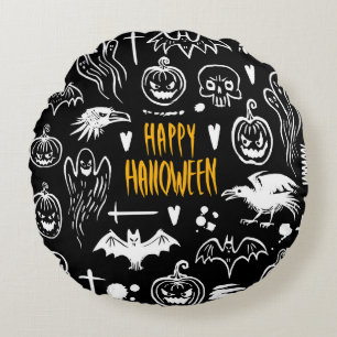 Handgezeichnet Halloween-Symbole, Vintage Sammlung Rundes Kissen