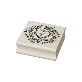 Handgezeichnet Herz- und Blumenkranz-Monogramm Gummistempel