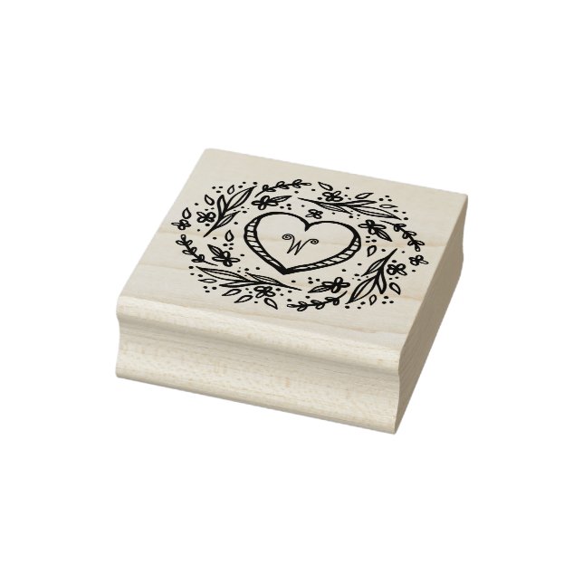 Handgezeichnet Herz- und Blumenkranz-Monogramm Gummistempel (Stempel)