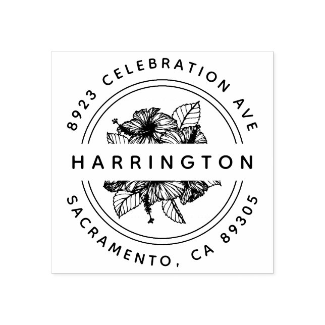 Handgezeichnet Hibiskus Bouquet Round Rücksendeadr Gummistempel (Prägung)