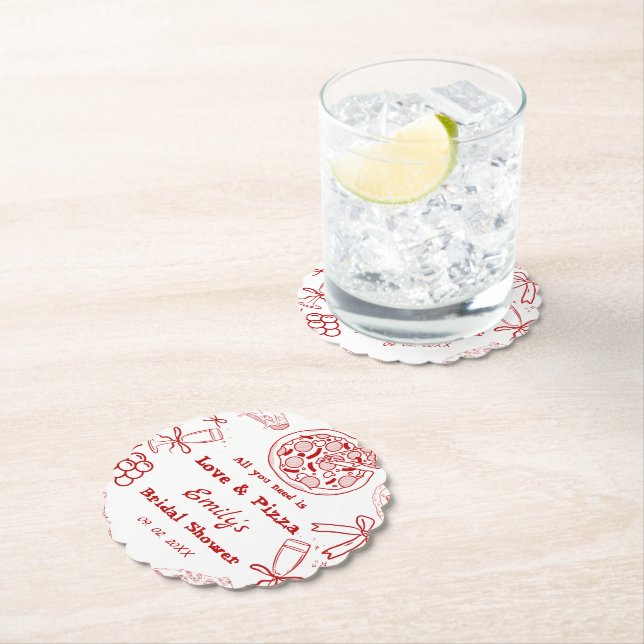 Handgezeichnet ist Liebe & Pizza Brautparty Untersetzer (Vor Ort)