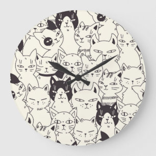 Handgezeichnet Katzen doodeln nahtlos. Große Wanduhr