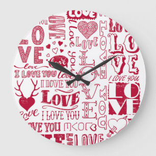 Handgezeichnet Liebe Doodles, charmantes Muster. Große Wanduhr