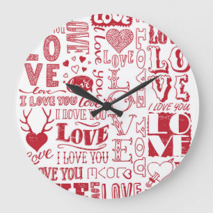 Handgezeichnet Liebe Doodles, charmantes Muster. Große Wanduhr